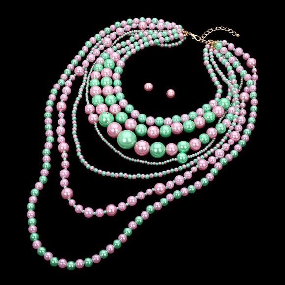 AKA Sorority Pink Green 7 Strand Pearl Necklace Set - Picture 7 of 7